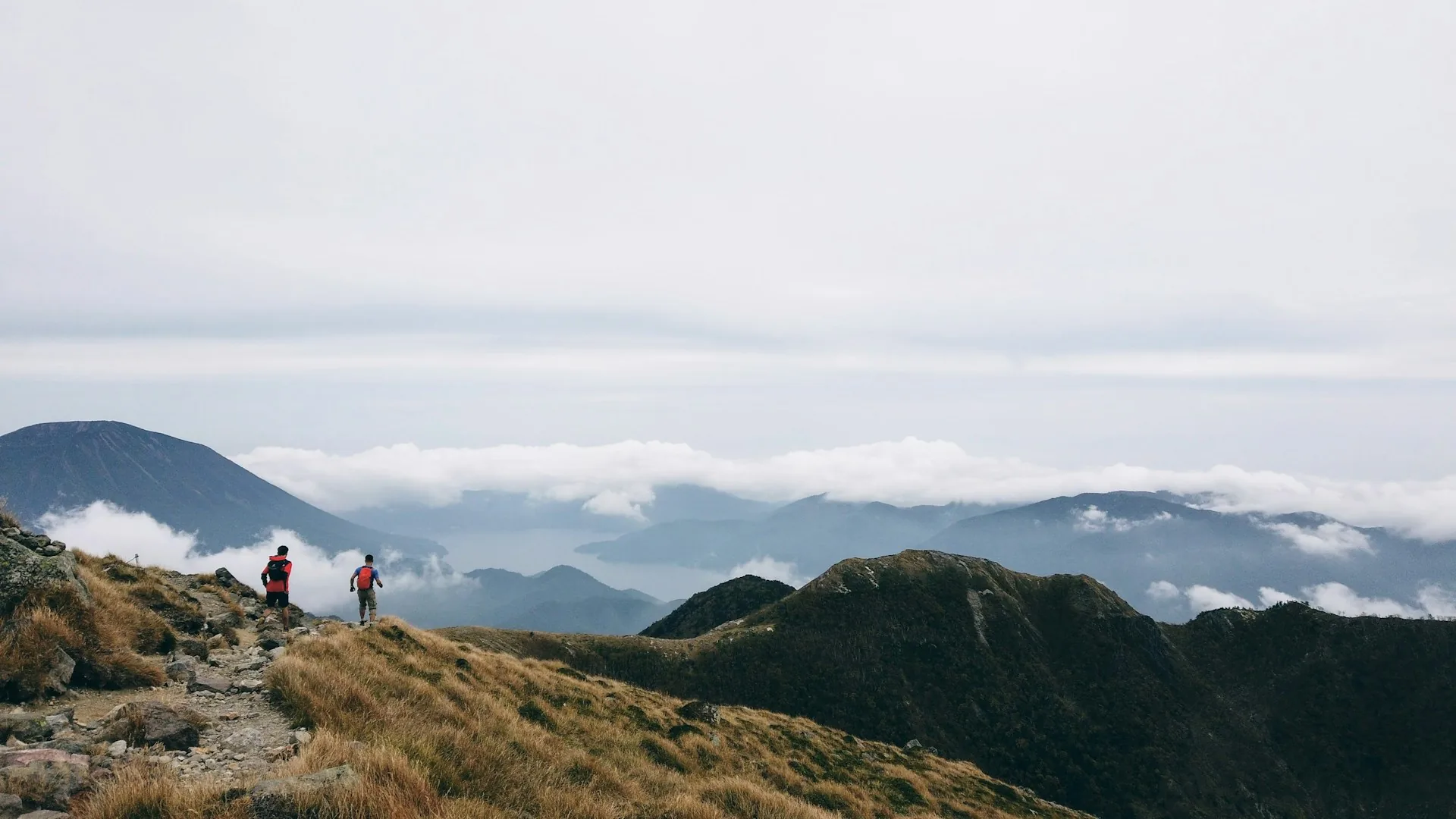 A walking track crossing open mountain terrain